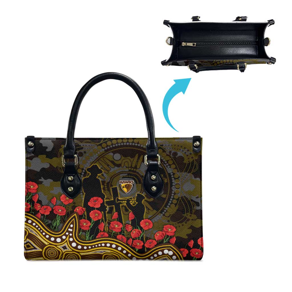 Hawthorn Hawks ANZAC Day Leather Bag Indigenous Dot Art with Poppy Flower Tribute