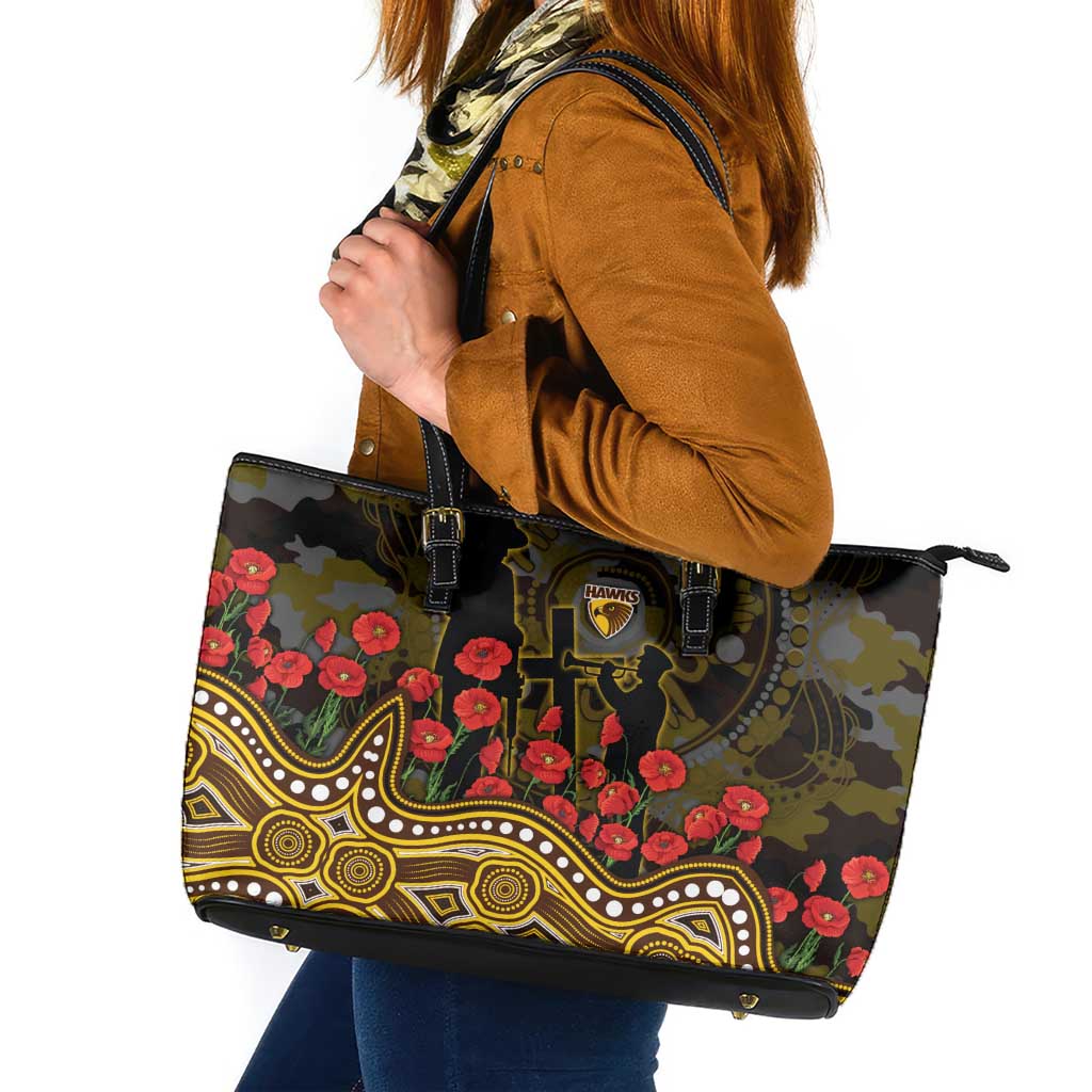 Hawthorn Hawks ANZAC Day Leather Tote Bag Indigenous Dot Art with Poppy Flower Tribute