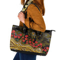 Hawthorn Hawks ANZAC Day Leather Tote Bag Indigenous Dot Art with Poppy Flower Tribute