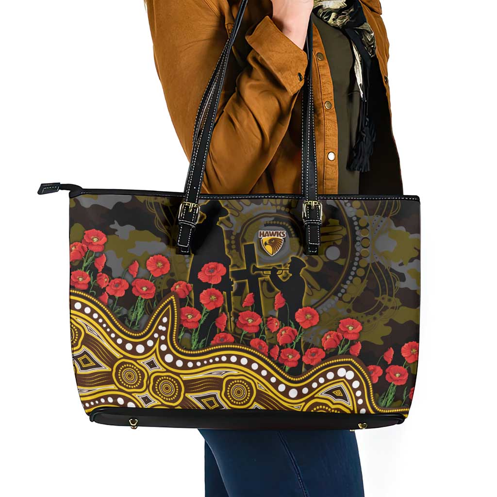 Hawthorn Hawks ANZAC Day Leather Tote Bag Indigenous Dot Art with Poppy Flower Tribute
