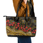 Hawthorn Hawks ANZAC Day Leather Tote Bag Indigenous Dot Art with Poppy Flower Tribute