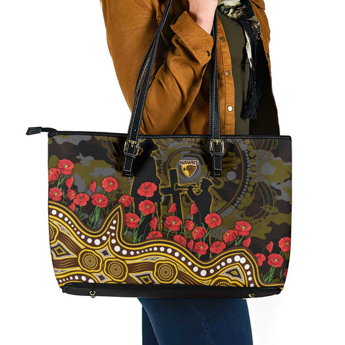 Hawthorn Hawks ANZAC Day Leather Tote Bag Indigenous Dot Art with Poppy Flower Tribute