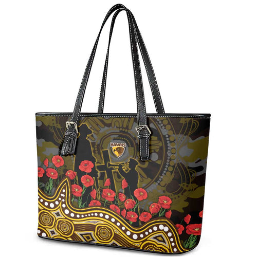 Hawthorn Hawks ANZAC Day Leather Tote Bag Indigenous Dot Art with Poppy Flower Tribute