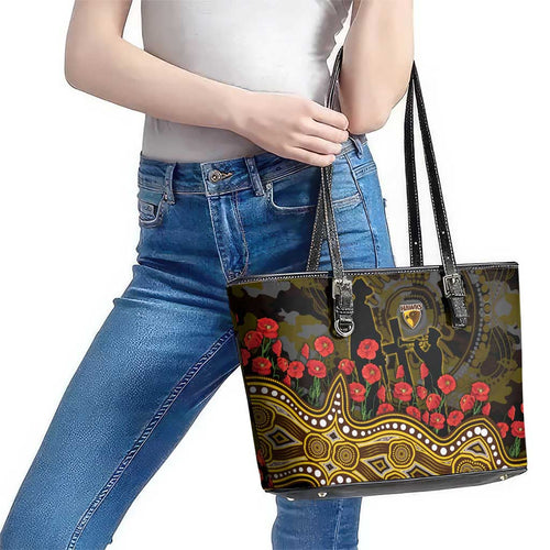Hawthorn Hawks ANZAC Day Leather Tote Bag Indigenous Dot Art with Poppy Flower Tribute