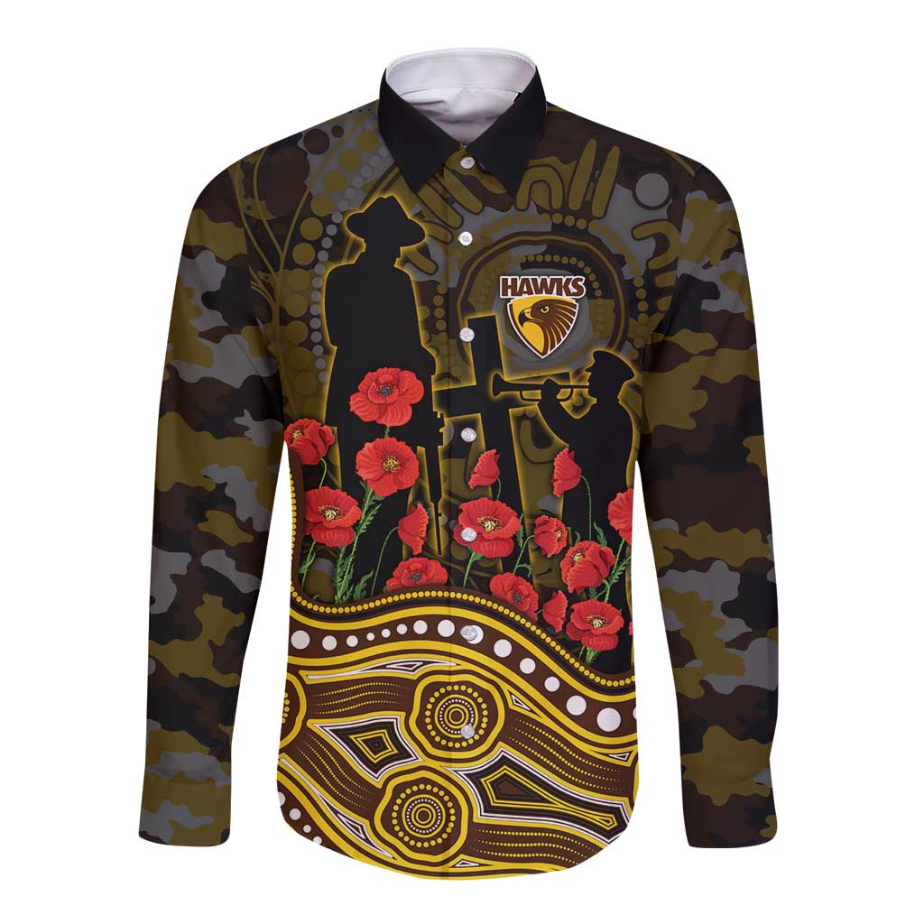 Hawthorn Hawks ANZAC Day Long Sleeve Button Shirt Indigenous Dot Art with Poppy Flower Tribute