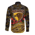 Hawthorn Hawks ANZAC Day Long Sleeve Button Shirt Indigenous Dot Art with Poppy Flower Tribute