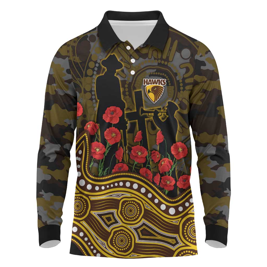 Hawthorn Hawks ANZAC Day Long Sleeve Polo Shirt Indigenous Dot Art with Poppy Flower Tribute
