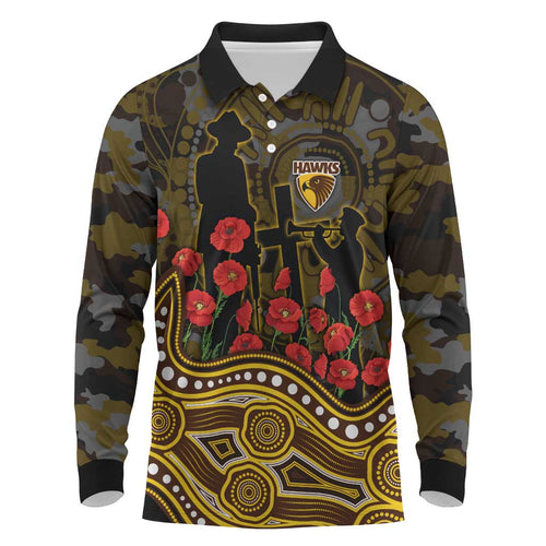 Hawthorn Hawks ANZAC Day Long Sleeve Polo Shirt Indigenous Dot Art with Poppy Flower Tribute