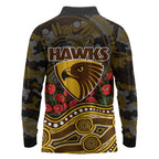 Hawthorn Hawks ANZAC Day Long Sleeve Polo Shirt Indigenous Dot Art with Poppy Flower Tribute
