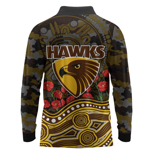 Hawthorn Hawks ANZAC Day Long Sleeve Polo Shirt Indigenous Dot Art with Poppy Flower Tribute