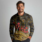 Hawthorn Hawks ANZAC Day Long Sleeve Polo Shirt Indigenous Dot Art with Poppy Flower Tribute
