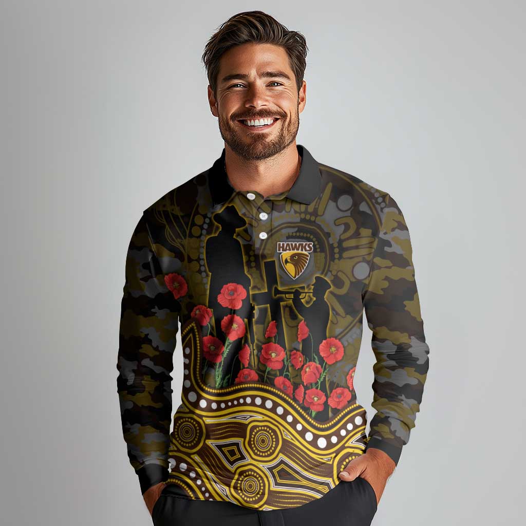 Hawthorn Hawks ANZAC Day Long Sleeve Polo Shirt Indigenous Dot Art with Poppy Flower Tribute