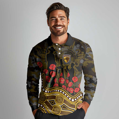 Hawthorn Hawks ANZAC Day Long Sleeve Polo Shirt Indigenous Dot Art with Poppy Flower Tribute