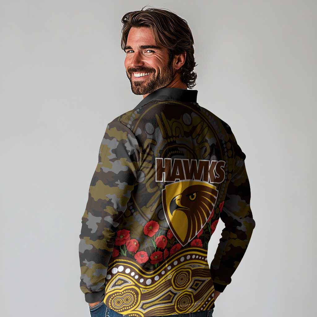 Hawthorn Hawks ANZAC Day Long Sleeve Polo Shirt Indigenous Dot Art with Poppy Flower Tribute