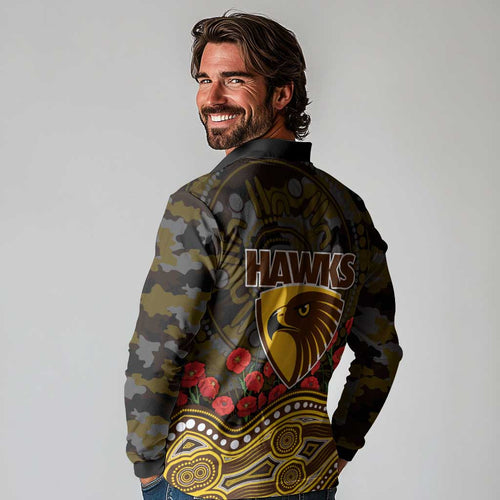 Hawthorn Hawks ANZAC Day Long Sleeve Polo Shirt Indigenous Dot Art with Poppy Flower Tribute