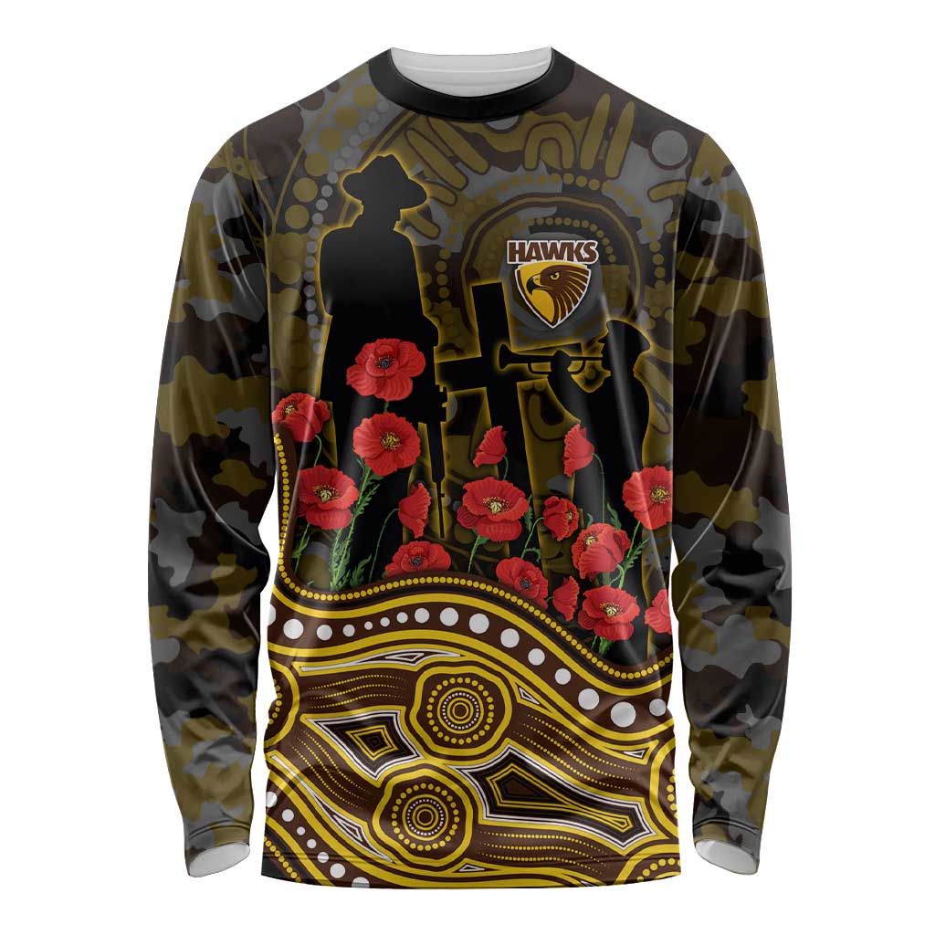Hawthorn Hawks ANZAC Day Long Sleeve Shirt Indigenous Dot Art with Poppy Flower Tribute