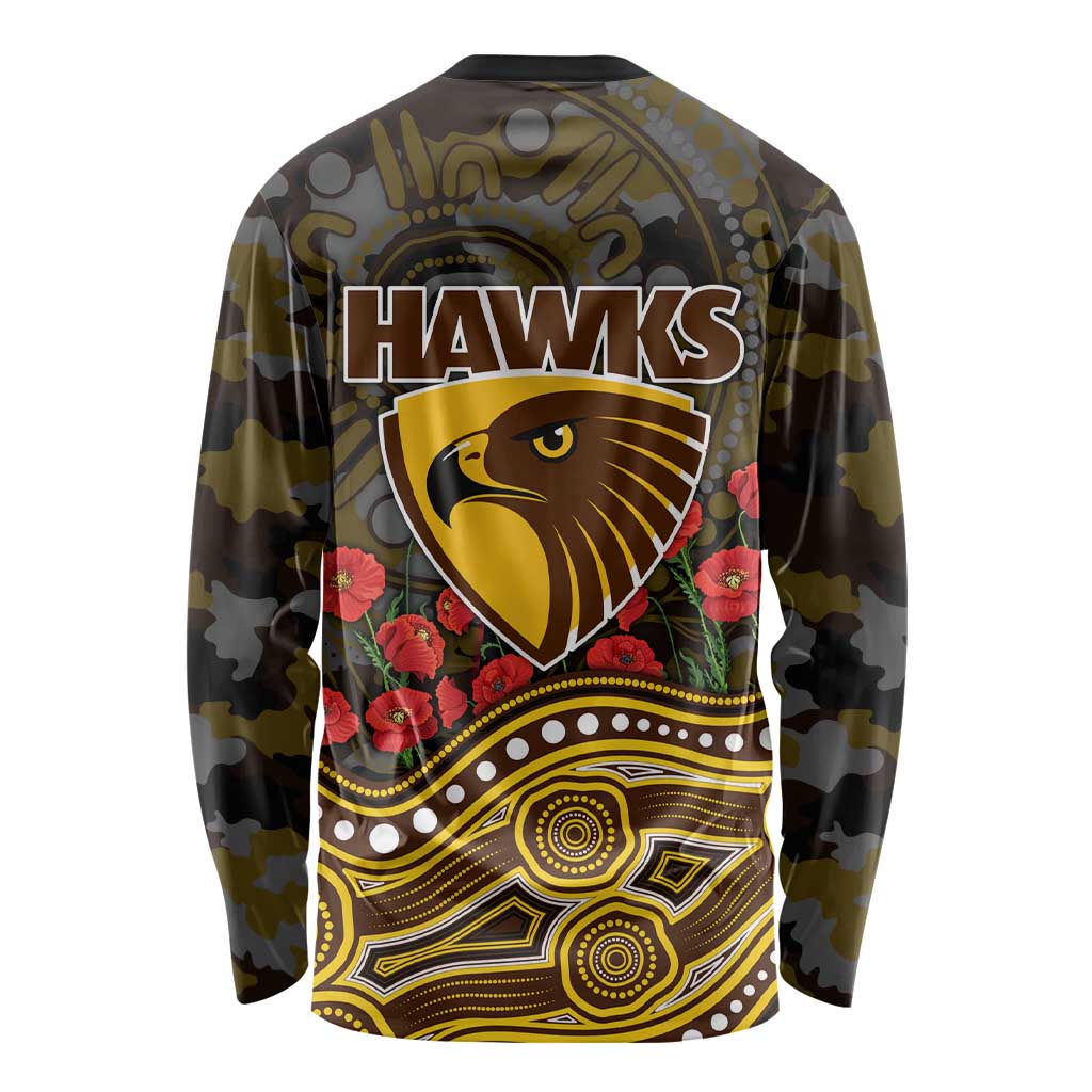 Hawthorn Hawks ANZAC Day Long Sleeve Shirt Indigenous Dot Art with Poppy Flower Tribute