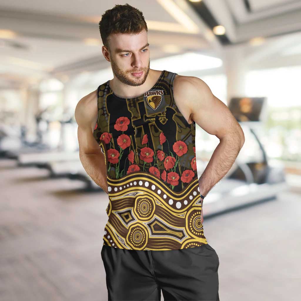 Hawthorn Hawks ANZAC Day Men Tank Top Indigenous Dot Art with Poppy Flower Tribute