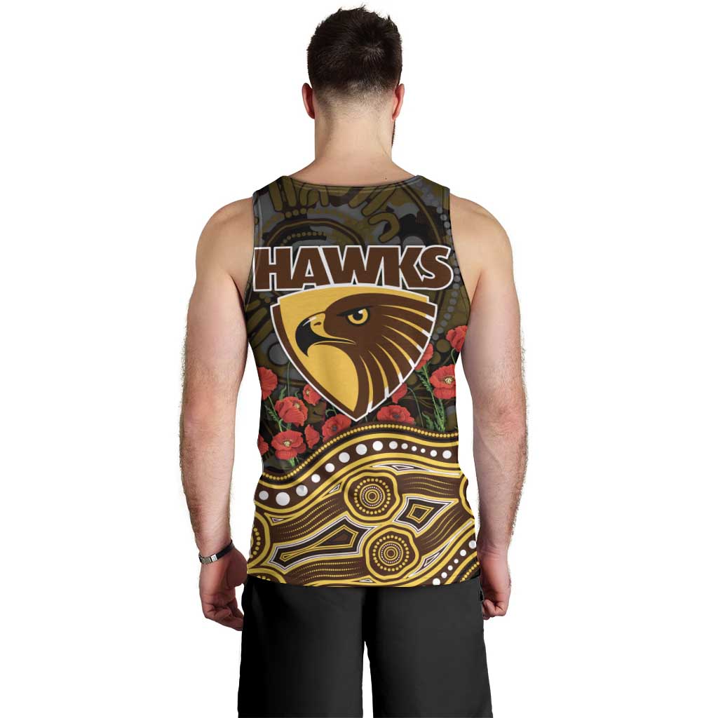 Hawthorn Hawks ANZAC Day Men Tank Top Indigenous Dot Art with Poppy Flower Tribute