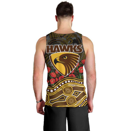 Hawthorn Hawks ANZAC Day Men Tank Top Indigenous Dot Art with Poppy Flower Tribute