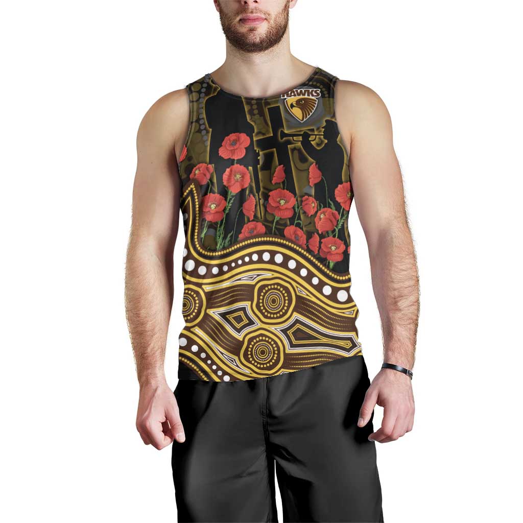 Hawthorn Hawks ANZAC Day Men Tank Top Indigenous Dot Art with Poppy Flower Tribute