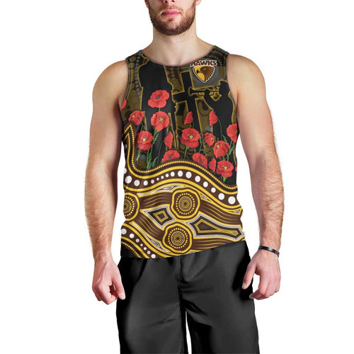 Hawthorn Hawks ANZAC Day Men Tank Top Indigenous Dot Art with Poppy Flower Tribute