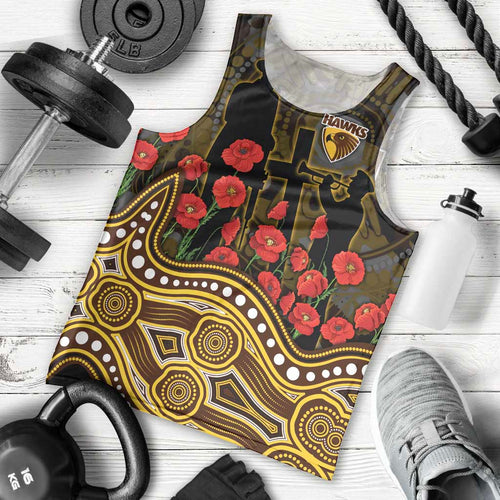 Hawthorn Hawks ANZAC Day Men Tank Top Indigenous Dot Art with Poppy Flower Tribute