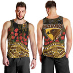 Hawthorn Hawks ANZAC Day Men Tank Top Indigenous Dot Art with Poppy Flower Tribute