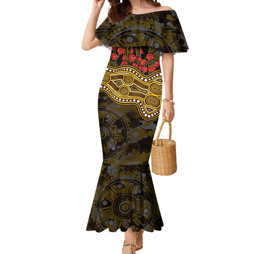 Hawthorn Hawks ANZAC Day Mermaid Dress Indigenous Dot Art with Poppy Flower Tribute