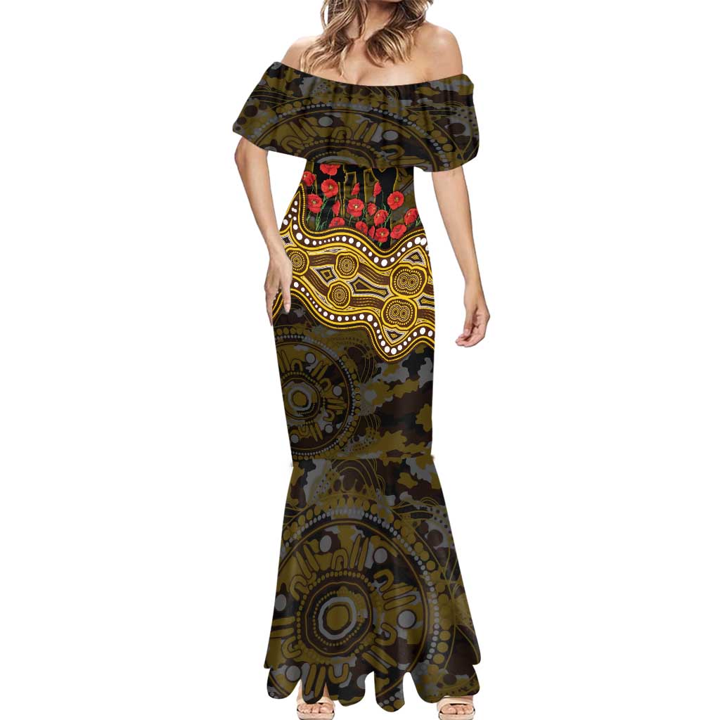 Hawthorn Hawks ANZAC Day Mermaid Dress Indigenous Dot Art with Poppy Flower Tribute