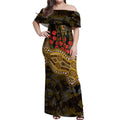 Hawthorn Hawks ANZAC Day Off Shoulder Maxi Dress Indigenous Dot Art with Poppy Flower Tribute