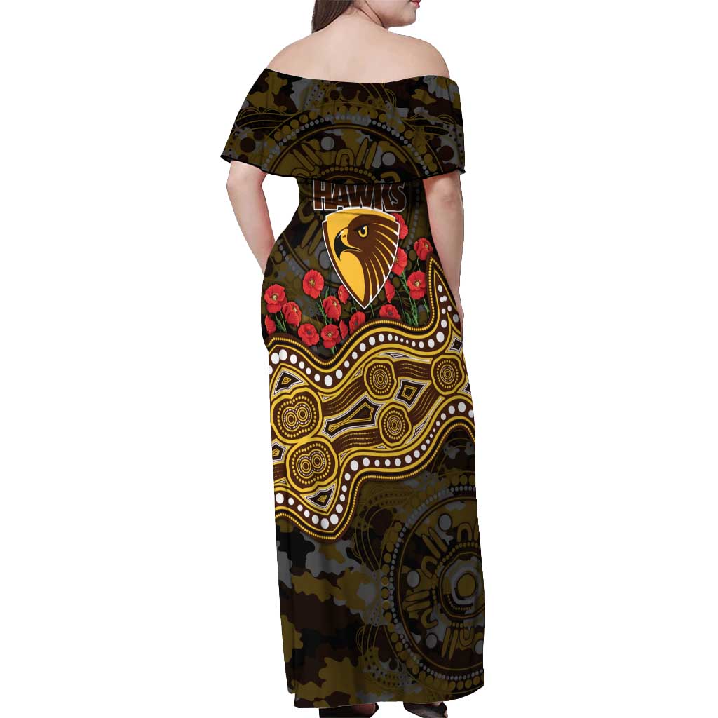 Hawthorn Hawks ANZAC Day Off Shoulder Maxi Dress Indigenous Dot Art with Poppy Flower Tribute
