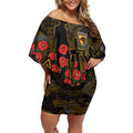 Hawthorn Hawks ANZAC Day Off Shoulder Short Dress Indigenous Dot Art with Poppy Flower Tribute