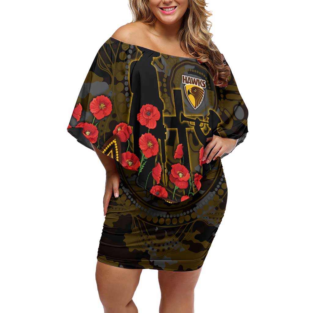 Hawthorn Hawks ANZAC Day Off Shoulder Short Dress Indigenous Dot Art with Poppy Flower Tribute