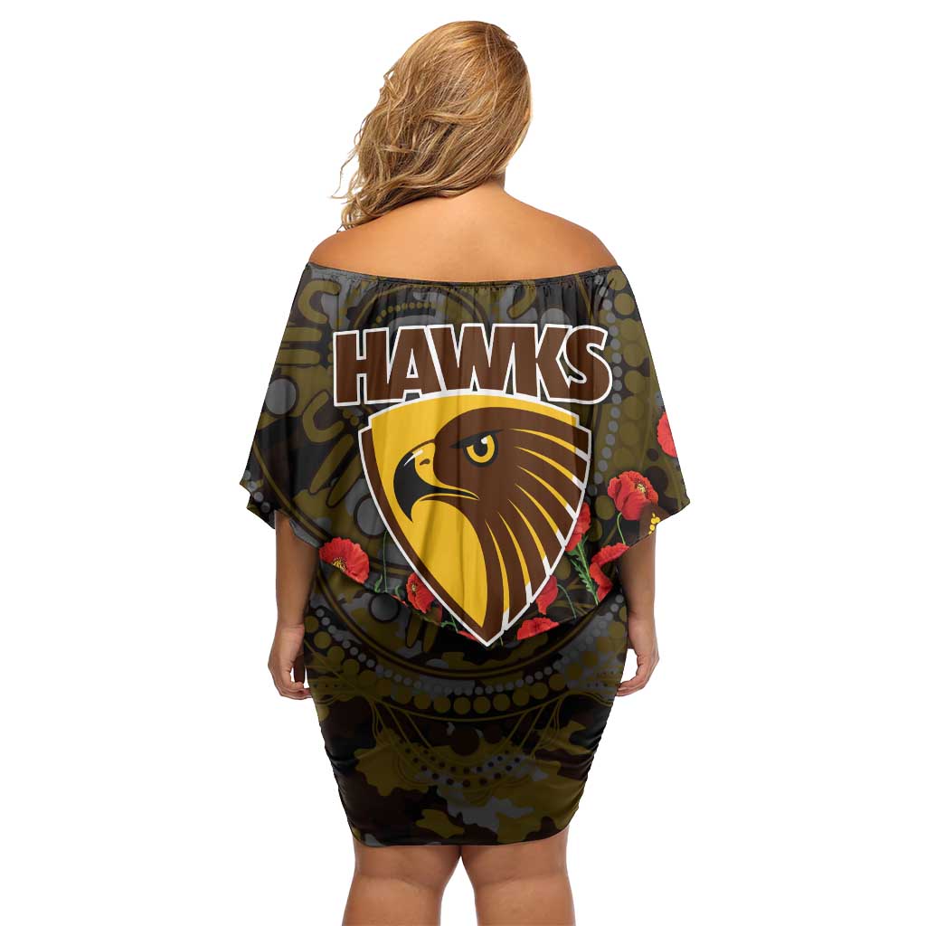 Hawthorn Hawks ANZAC Day Off Shoulder Short Dress Indigenous Dot Art with Poppy Flower Tribute