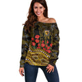 Hawthorn Hawks ANZAC Day Off Shoulder Sweater Indigenous Dot Art with Poppy Flower Tribute