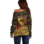 Hawthorn Hawks ANZAC Day Off Shoulder Sweater Indigenous Dot Art with Poppy Flower Tribute