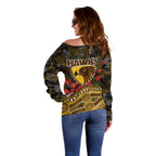 Hawthorn Hawks ANZAC Day Off Shoulder Sweater Indigenous Dot Art with Poppy Flower Tribute