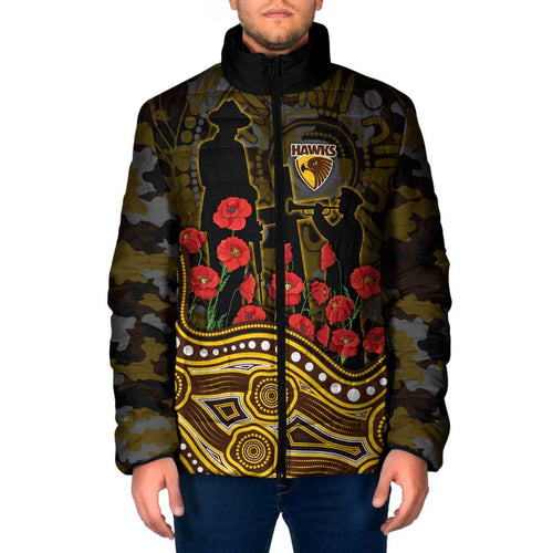 Hawthorn Hawks ANZAC Day Padded Jacket Indigenous Dot Art with Poppy Flower Tribute