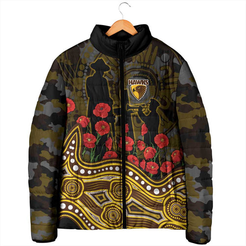 Hawthorn Hawks ANZAC Day Padded Jacket Indigenous Dot Art with Poppy Flower Tribute