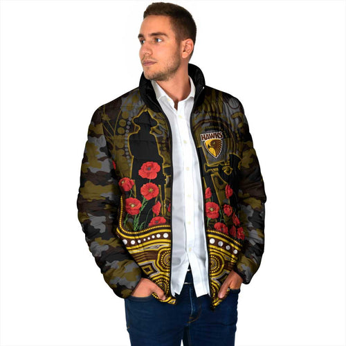 Hawthorn Hawks ANZAC Day Padded Jacket Indigenous Dot Art with Poppy Flower Tribute