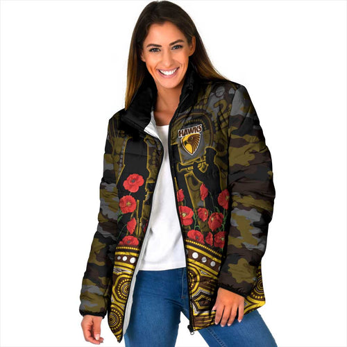 Hawthorn Hawks ANZAC Day Padded Jacket Indigenous Dot Art with Poppy Flower Tribute