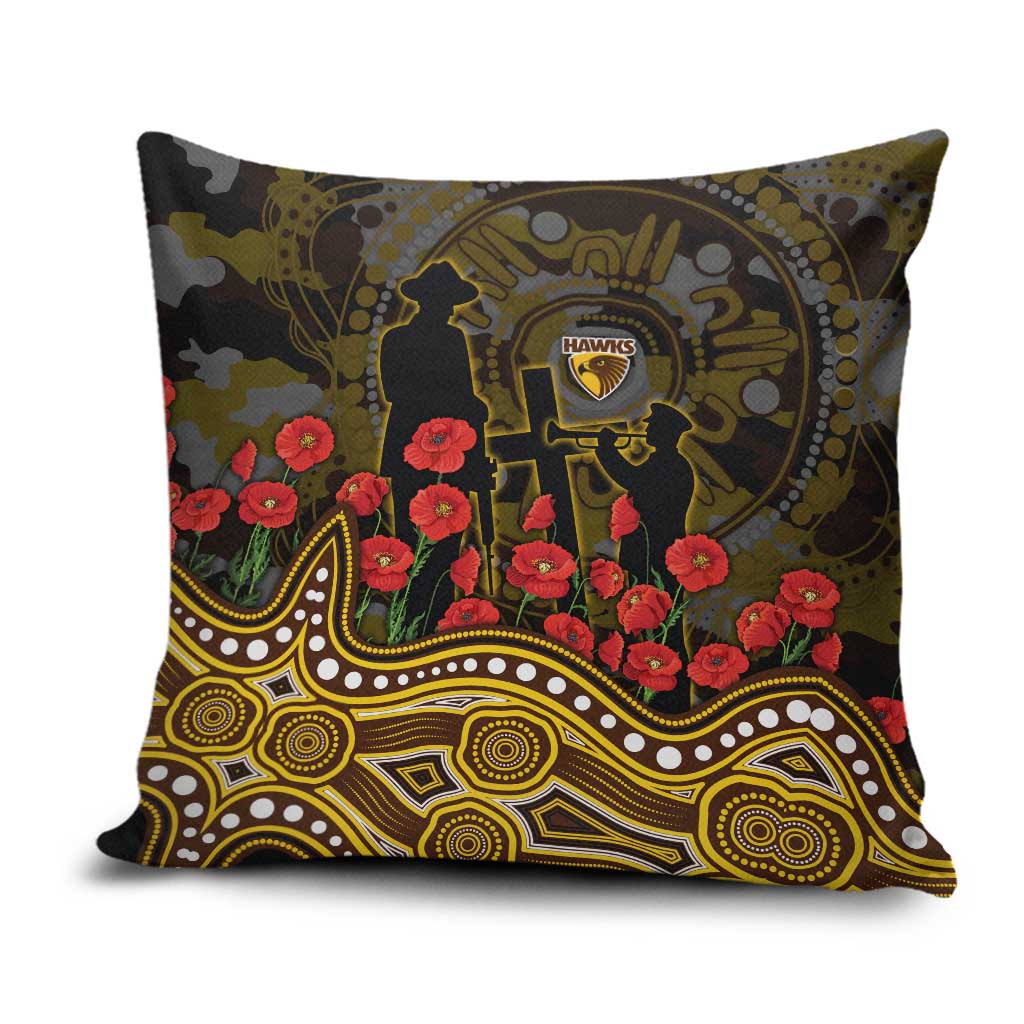 Hawthorn Hawks ANZAC Day Pillow Cover Indigenous Dot Art with Poppy Flower Tribute