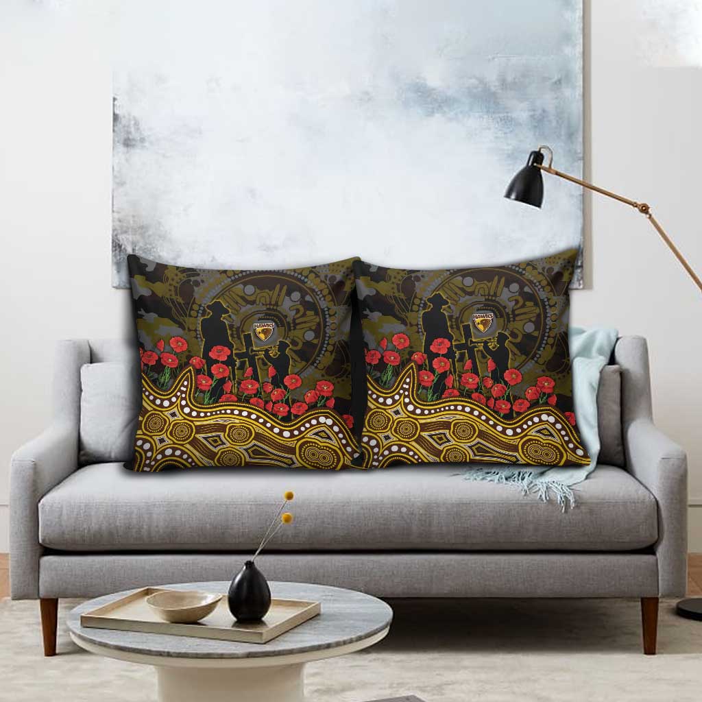 Hawthorn Hawks ANZAC Day Pillow Cover Indigenous Dot Art with Poppy Flower Tribute