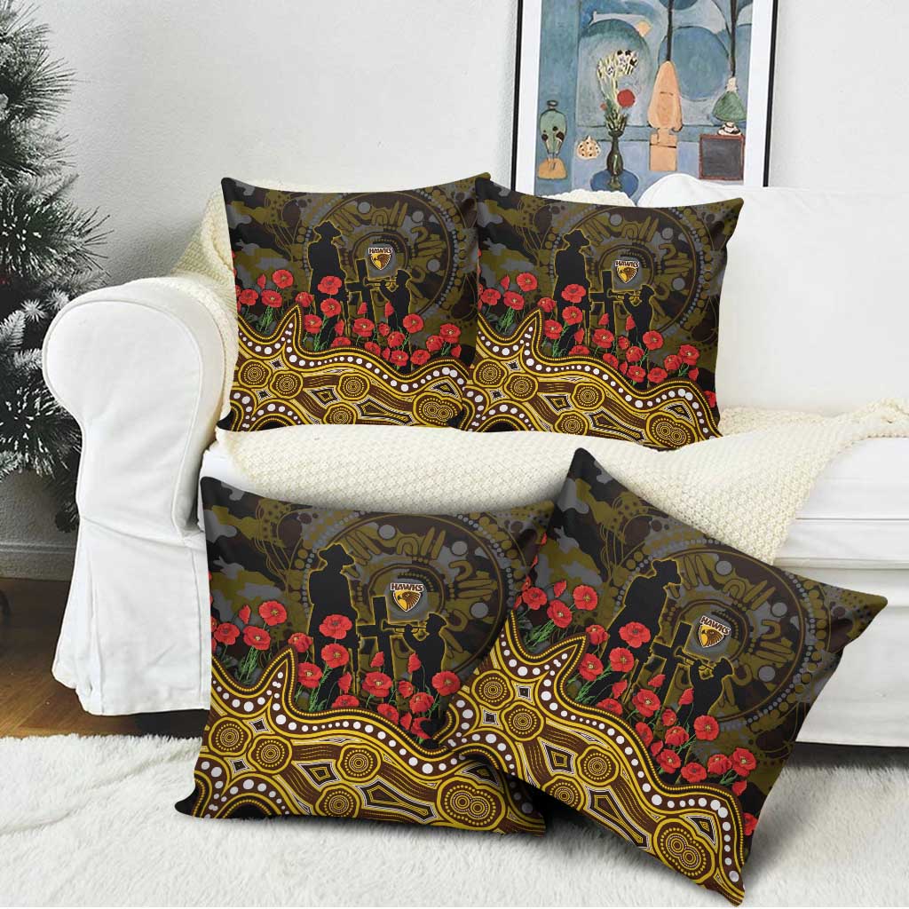 Hawthorn Hawks ANZAC Day Pillow Cover Indigenous Dot Art with Poppy Flower Tribute