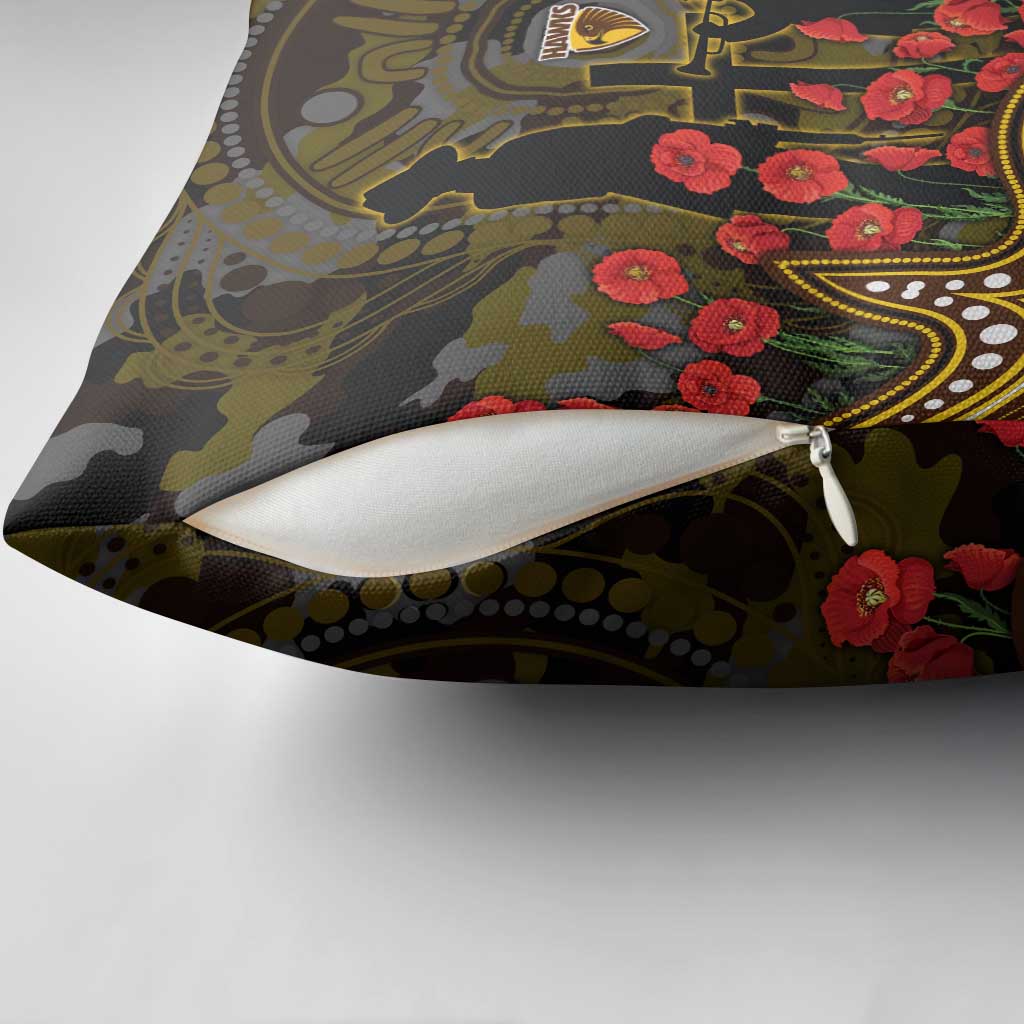 Hawthorn Hawks ANZAC Day Pillow Cover Indigenous Dot Art with Poppy Flower Tribute