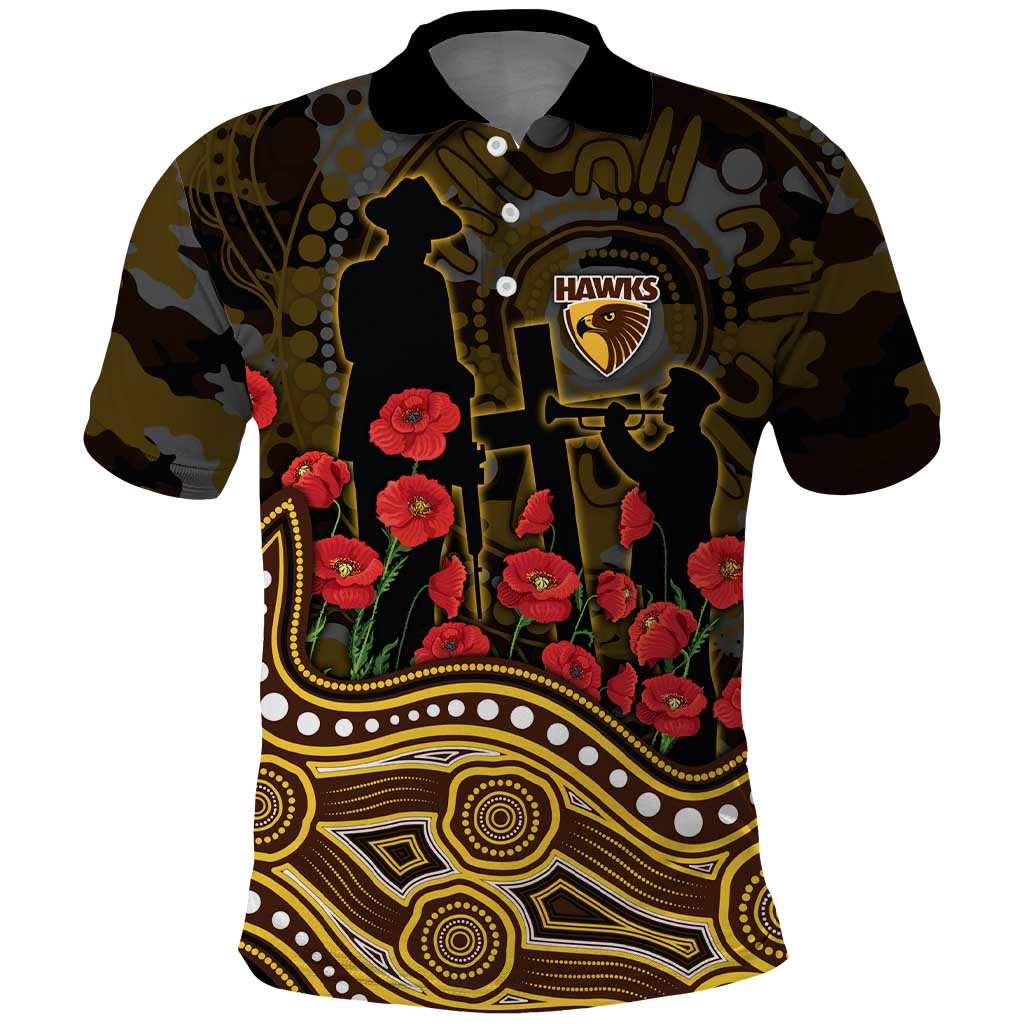 Hawthorn Hawks ANZAC Day Polo Shirt Indigenous Dot Art with Poppy Flower Tribute