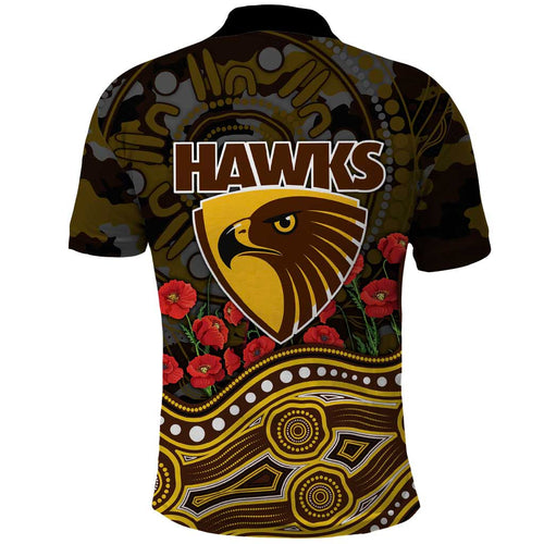 Hawthorn Hawks ANZAC Day Polo Shirt Indigenous Dot Art with Poppy Flower Tribute