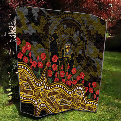 Hawthorn Hawks ANZAC Day Quilt Indigenous Dot Art with Poppy Flower Tribute
