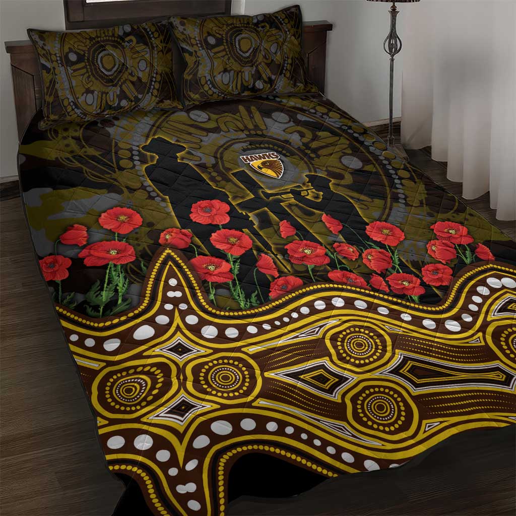 Hawthorn Hawks ANZAC Day Quilt Bed Set Indigenous Dot Art with Poppy Flower Tribute